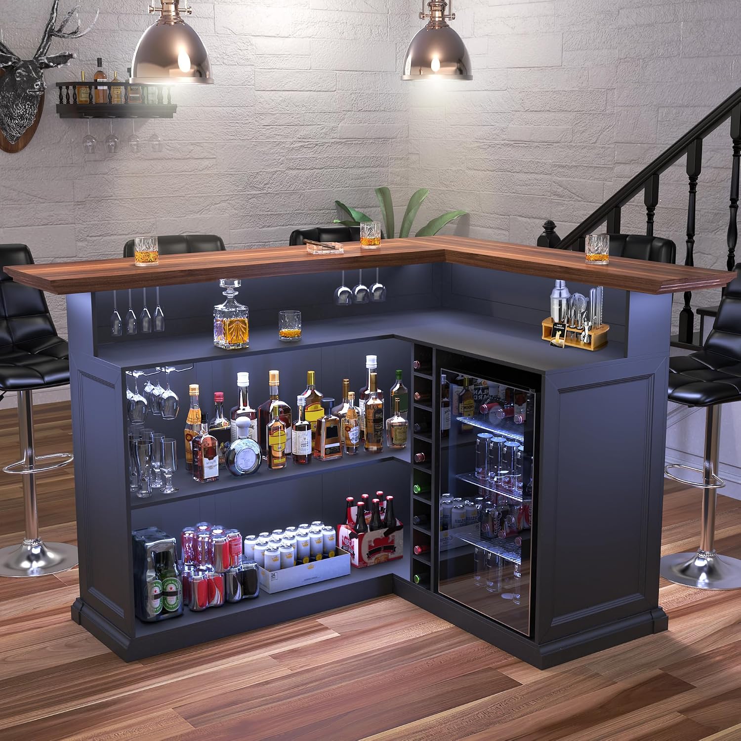 Home Bar Lounge - L-förmiger Hausbarschrank mit Kühlschrankfach, Übergroßer Kellerbar